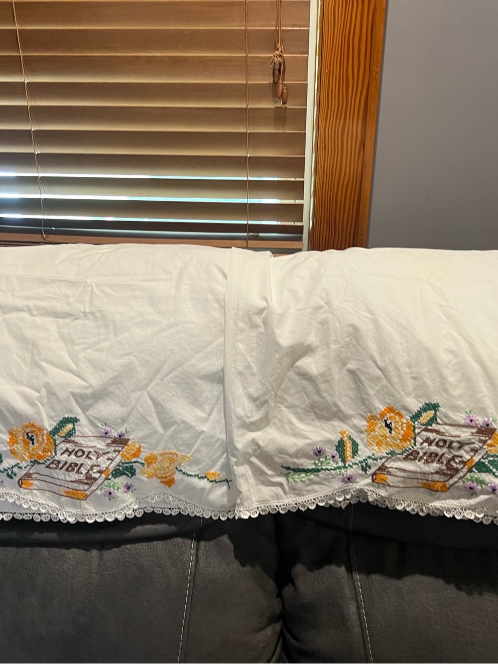 Embroidered White Pillowcase Pair with Floral & 'Holy Bible' Motif